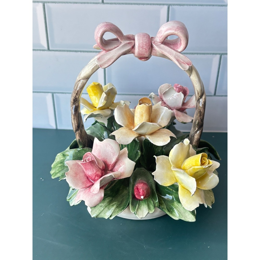Vintage Capodimonte Italian Porcelain Flower Basket Pink Yellow Roses Bow Handle